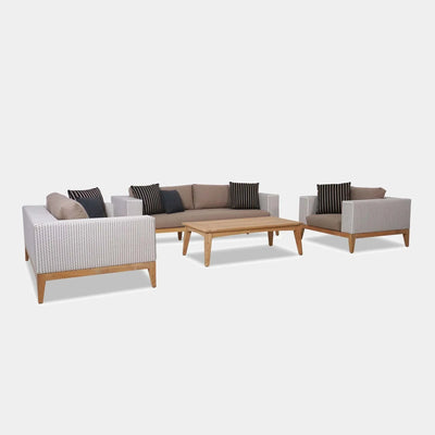 Manhattan 6 Seater Outdoor Lounge Set with teak base and Sunbrella fabric cushions.