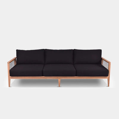 Atoll Outdoor Lounge 3-Seater Sofa with teak base, woven rope accents, and Sunbrella fabric cushions.