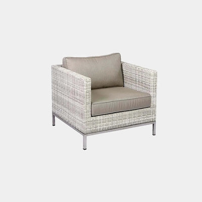 Avalon 1 Seater Outdoor Sofa with rattan weave and Sunbrella cushions; aluminium and stainless steel frame.