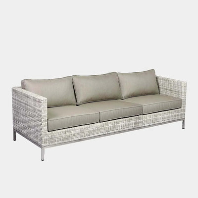 Avalon Outdoor Lounge - 3 Seater Outdoor Sofa with powder-coated aluminum frame and synthetic rattan weave, featuring plush Sunbrella fabric cushions.
