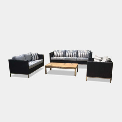 Avalon 6 Seater Outdoor Lounge Set with aluminum frame, rattan weaving, and Sunbrella cushions.