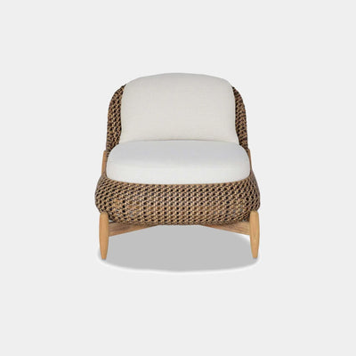 Cloud Outdoor Lounge 1 Seater Sofa with teak legs and wicker design.