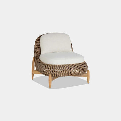 Cloud Outdoor Lounge 1 Seater Sofa with teak legs and synthetic rattan frame.