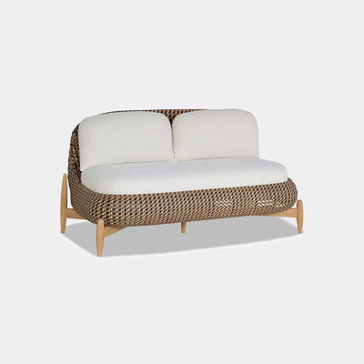 Cloud Outdoor Lounge - 2 Seater Outdoor Sofa with teak legs and wicker pattern, featuring Sunbrella fabric cushions.