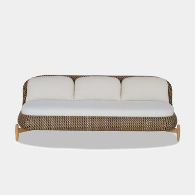 Cloud 3 Seater Outdoor Sofa with synthetic rattan and teak legs.
