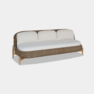Cloud 3 Seater Outdoor Sofa with synthetic rattan and teak legs.