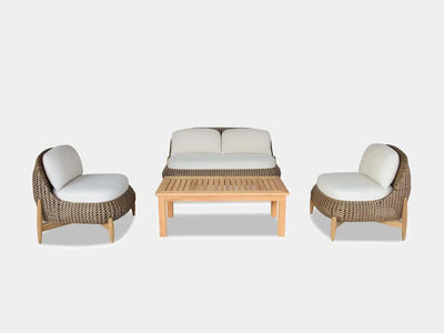 Cloud 4 Seater Outdoor Lounge with wicker pattern, teak legs, and plush cushions.