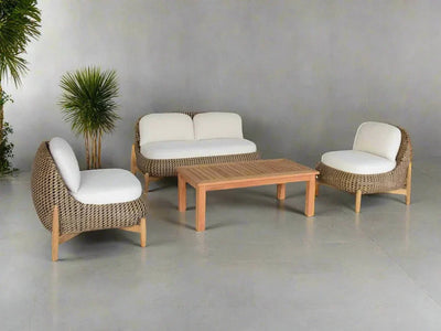 Cloud 4 Seater Outdoor Lounge with wicker design, synthetic rattan weaving, and teak legs; plush Sunbrella fabric cushions; includes two 1-seaters and one 2-seater.