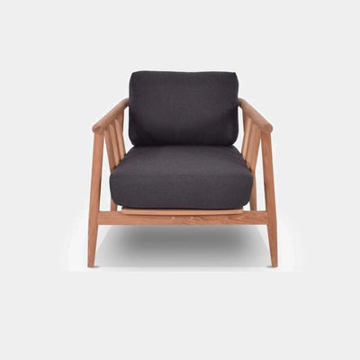 Finley Outdoor Lounge - 1 Seater Sofa made of teak with dark cushions, showcasing modern elegance for garden or patio use.