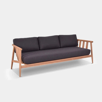 Finley Outdoor Lounge 3 Seater Sofa with teak frame and black Sunbrella cushions.