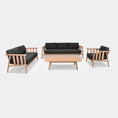 Finley 6 Seater Outdoor Lounge Set with teak frame and Sunbrella cushions, showcasing contemporary elegance.