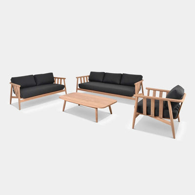 Finley 6 Seater Outdoor Lounge Set with teak frame and Sunbrella cushions for modern outdoor elegance.