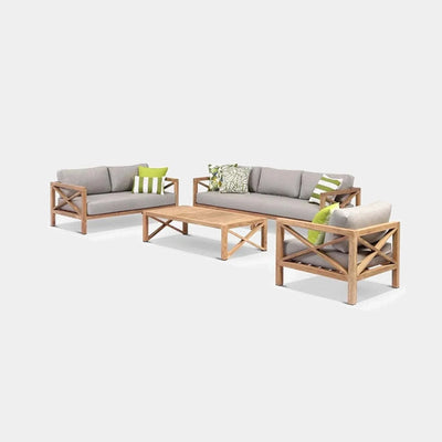 Harvard 6 Seater Outdoor Lounge Set with teak frame and Sunbrella fabric cushions.
