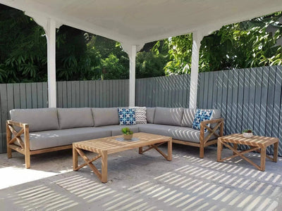 Harvard Outdoor Lounge - Teak 3 Seater Sofa with Sunbrella Cushions in Gazebo Setting