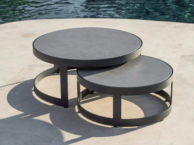 Adagio Outdoor Round Coffee Tables set of 2 with sleek design by the pool.