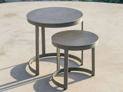 Bertus Outdoor Ceramic Coffee Tables set of 2 with durable aluminum frame and round ceramic tabletop.