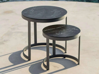 Bertus Outdoor Ceramic Coffee Tables set of 2 with durable aluminum frame and elegant round ceramic tabletop.