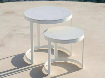 Bertus Outdoor Ceramic Coffee Tables set of 2 with durable aluminum frames and ceramic tabletops in a modern outdoor setting.