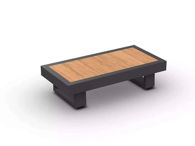 Bari Light Outdoor Teak Side Table with natural wood top and charcoal aluminum frame.