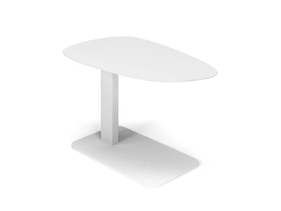Tucino Outdoor Side Table in white, modern aluminum construction, sleek oval design.