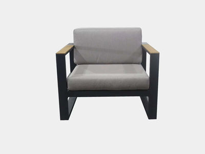 Belvedere 1 Seater Outdoor Sofa with aluminum frame and teak trims, featuring Sunbrella cushions.