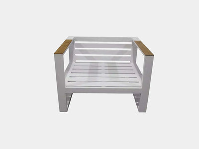 Belvedere 1 Seater Outdoor Sofa with durable aluminum frame and teak arm trims.