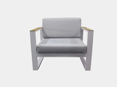 Belvedere 1 Seater Outdoor Sofa with aluminum frame and teak arm trims.