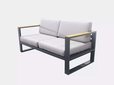 Belvedere Outdoor Lounge 2-seater sofa with aluminum frame and teak arm trims.