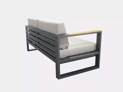Belvedere Outdoor Lounge 2 seater sofa with aluminum frame, teak trims, and Sunbrella cushions.