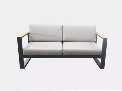 Belvedere Outdoor Lounge 2 Seater Sofa with aluminum frame and teak trims.