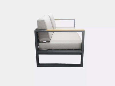 Belvedere Outdoor Lounge 2 Seater Sofa with teak arm trims and aluminum frame.