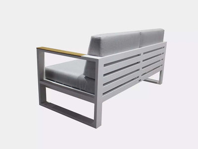Belvedere Outdoor Lounge 2 Seater Sofa with aluminum frame and teak trims.