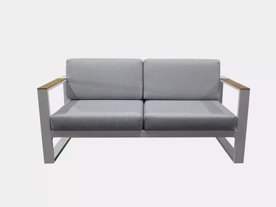 Belvedere Outdoor Lounge 2 Seater Sofa with aluminum frame, teak arms, and Sunbrella cushions.
