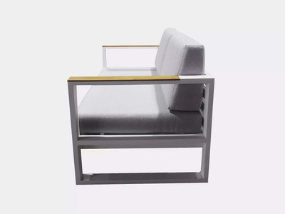 Belvedere Outdoor Lounge 2 Seater Sofa with sleek aluminum frame and teak arm trims.