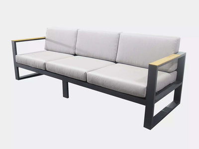 Belvedere Outdoor Lounge 3-seater sofa with aluminum frame, teak trims, and Sunbrella cushions.