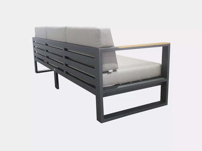Belvedere Outdoor Lounge 3 Seater Sofa with aluminum frame, teak trims, and Sunbrella cushions.