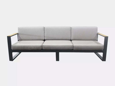 Belvedere Outdoor Lounge 3 Seater Sofa with aluminum frame and teak arm trims.