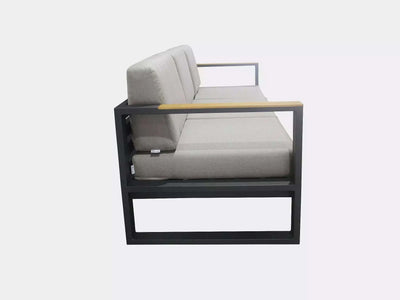 Belvedere Outdoor Lounge 3 Seater Outdoor Sofa with Sunbrella cushions and teak-trimmed arms.