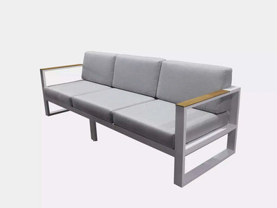 Belvedere Outdoor Lounge - 3 Seater Sofa with aluminum frame and teak trim, featuring Sunbrella cushions.