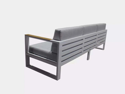 Belvedere Outdoor Lounge - 3 Seater Outdoor Sofa with aluminum frame and teak arm trims.