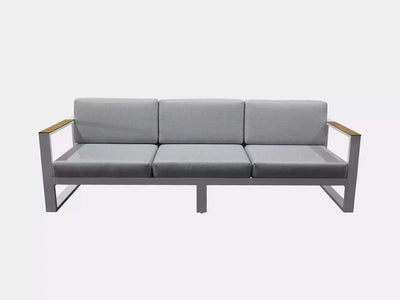 Belvedere Outdoor Lounge 3 Seater Sofa with aluminum frame and teak arm trims.