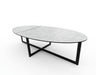 Ovale ceramic coffee table with ceramic top and matt black base measuring 1500 x 700 x 400 mm