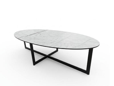 Ovale ceramic coffee table with ceramic top and matt black base measuring 1500 x 700 x 400 mm