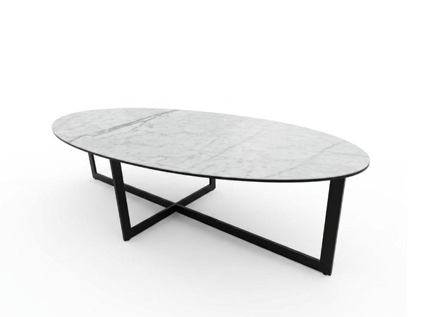 Ovale ceramic coffee table with ceramic top and matt black base measuring 1500 x 700 x 400 mm