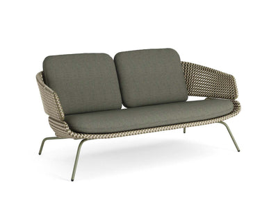 Palma 2 seater outdoor sofa with Green Matt frame, Forest Fog wicker and Cedrus cushions