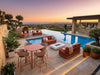 Palma outdoor bar table and chairs with Canasta outdoor sofas in a poolside setting