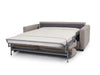 Pasadena 2.5 Seater Sofa Bed in taupe grey fabric, shown unfolded with a light mattress and metal frame.