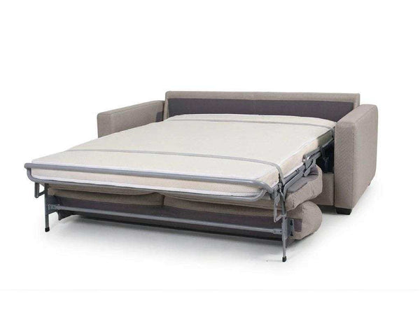 Pasadena 2.5 Seater Sofa Bed in taupe grey fabric, shown unfolded with a light mattress and metal frame.