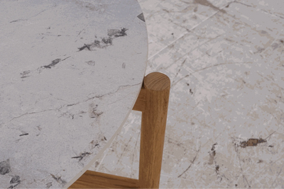 Padua Outdoor Coffee Table with Patagonia marbled ceramic top and teak wood base.