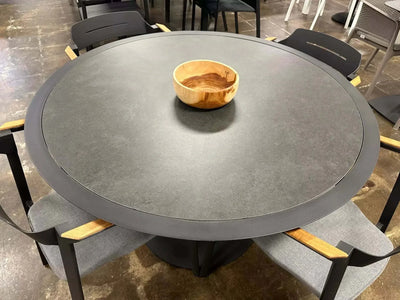 Pisa Outdoor Ceramic Round Dining Table with sleek ceramic top and durable aluminum frame.